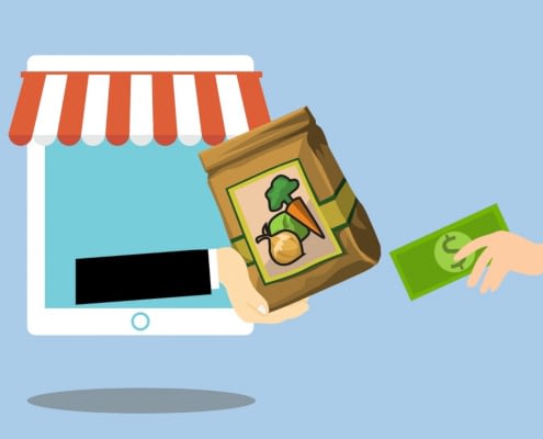 online grocery shopping, hand reaching out computer to deliver groceries