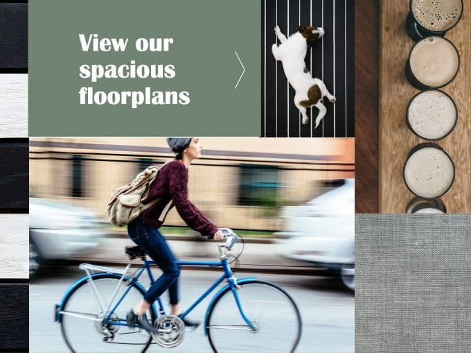 a person rides by on a bicycle in this montage of images representing the button to view floorplans