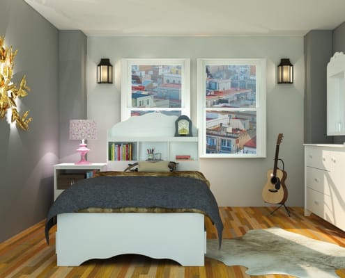 bedroom layout with guitar by bed, artistic lights like lanterns and glowing leaves